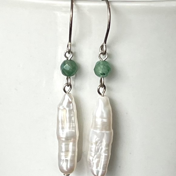 Artisan 925 Sterling Silver Rare White Biwa Stick Pearl Hook Earrings - Picture 2 of 5